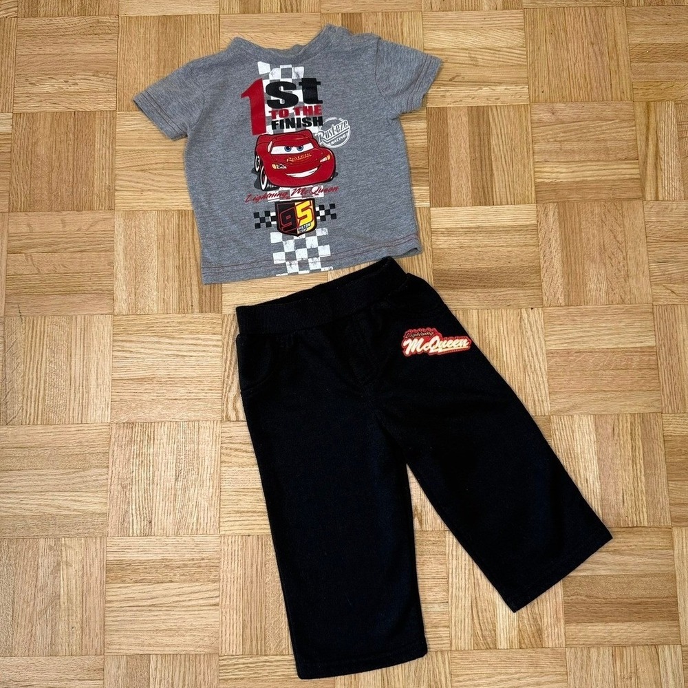 Disney Pixar Cars Lightning McQueen Shirt and Pants Set Boys 6M 6-12M Gray Black